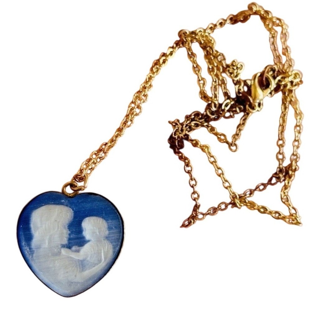 Heart necklace VTG Everlasting Love Mother Child Blue Agate 14k Gold Filled